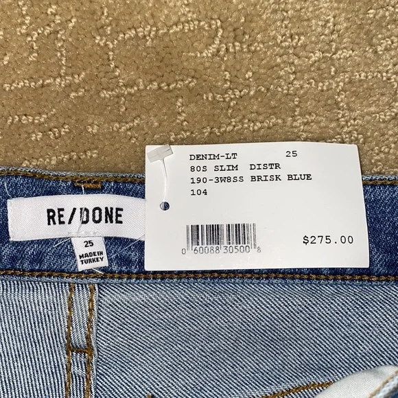 RE/DONE Originals 80's Slim Straight Brisk Blue With Rips NWT 25